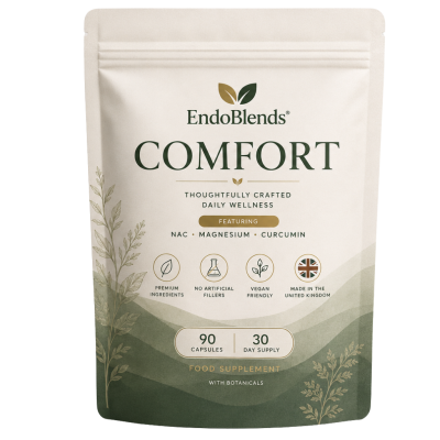 EndoBlends® Comfort Blend women’s wellness supplement pouch with NAC, magnesium and curcumin, containing 90 vegan capsules.